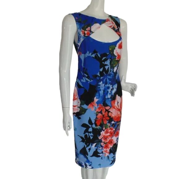CACHE Dress, L, Blue, Red Floral, Twist neck, Sleeveless, Lined, Back Zip - Picture 3 of 12